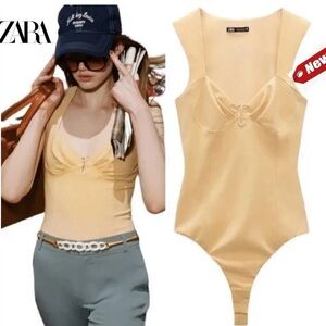 Zara yellow sleeveless sweetheart neckline metal detail bodysuit NWT